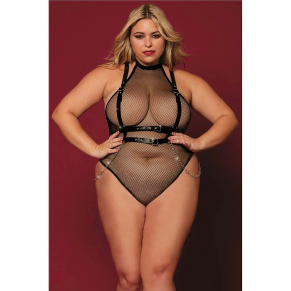 Dreamgirl Other - Dreamgirl Black Fishnet Teddy Faux Leather Harness Queen Plus Size 13291X